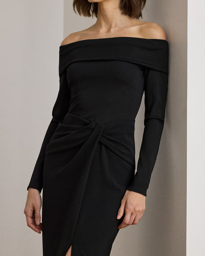Lauren Ralph Lauren Rib-Knit & Crepe Off-the-Shoulder Gown | Black