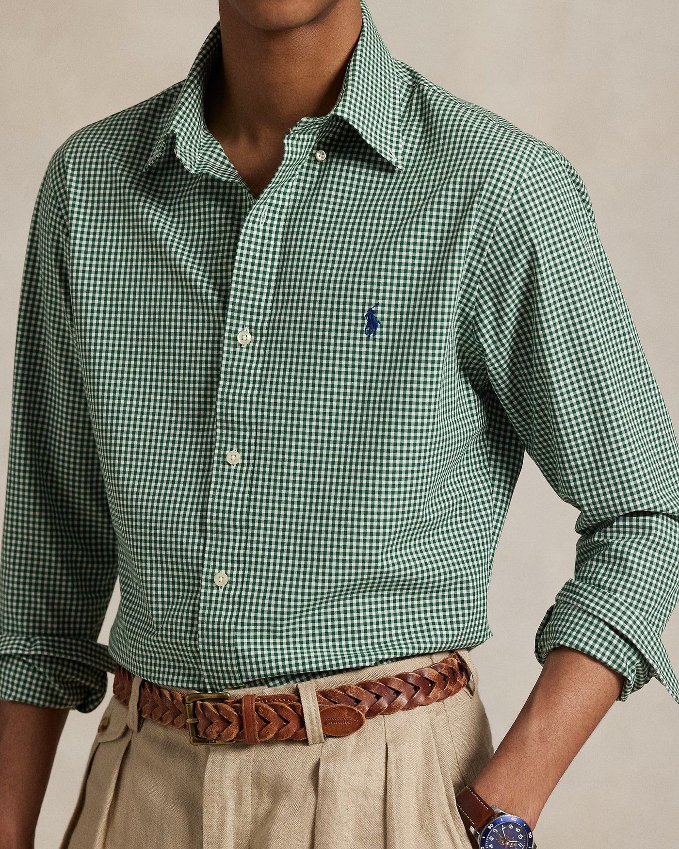 Ralph Lauren Custom Fit Gingham Stretch Poplin Shirt | Green/White