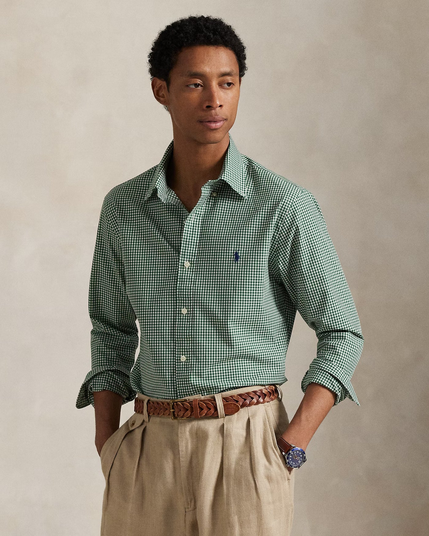 Ralph Lauren Custom Fit Gingham Stretch Poplin Shirt | Green/White