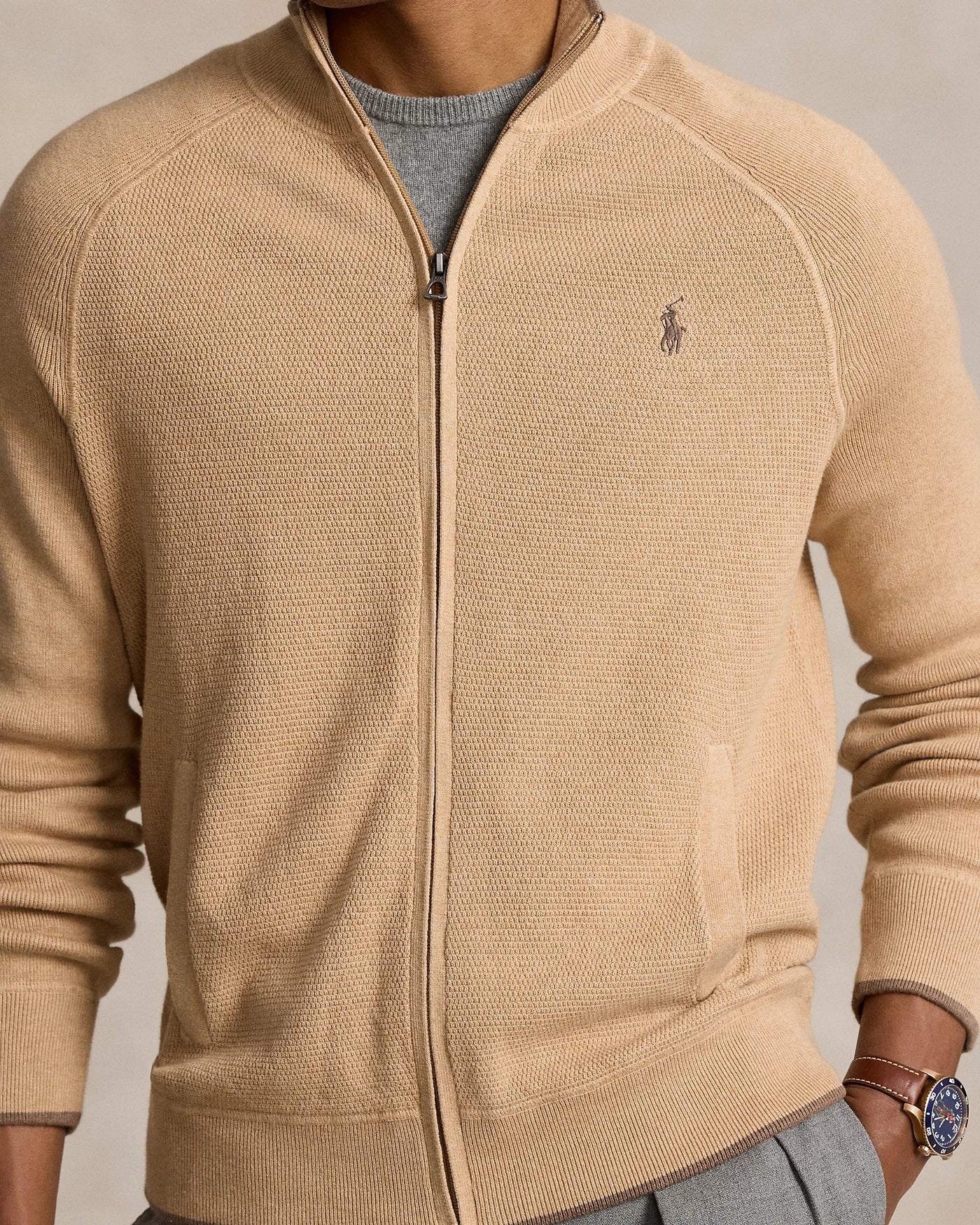 Ralph Lauren Textured Cotton Full-Zip Jumper | Camel Melange