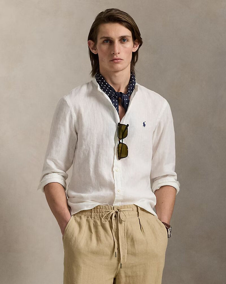 Ralph Lauren Slim Fit Linen Shirt Mandarin Collar | Ceramic White