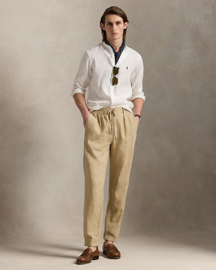 Ralph Lauren Slim Fit Linen Shirt Mandarin Collar | Ceramic White