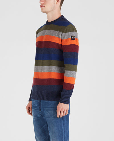 Paul & Shark Sweater Wool Crewneck With Stripes  | Orange / Grey / Red